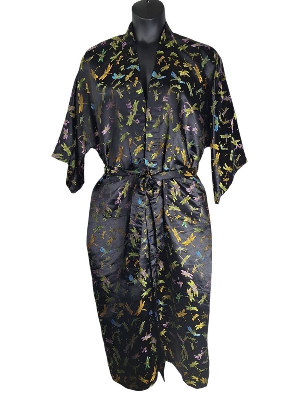Vintage 100% Silk Kimono Robe One Size Rainbow Dragonflies Whimsical Boho Artsy